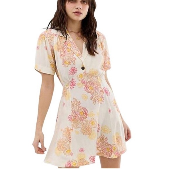 Free People Hawaii Combo Casual Mini Dress Cream Yellow XS - Picture 1 of 16
